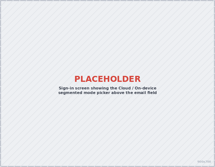 Tela de login com o seletor de modo Cloud / On-device