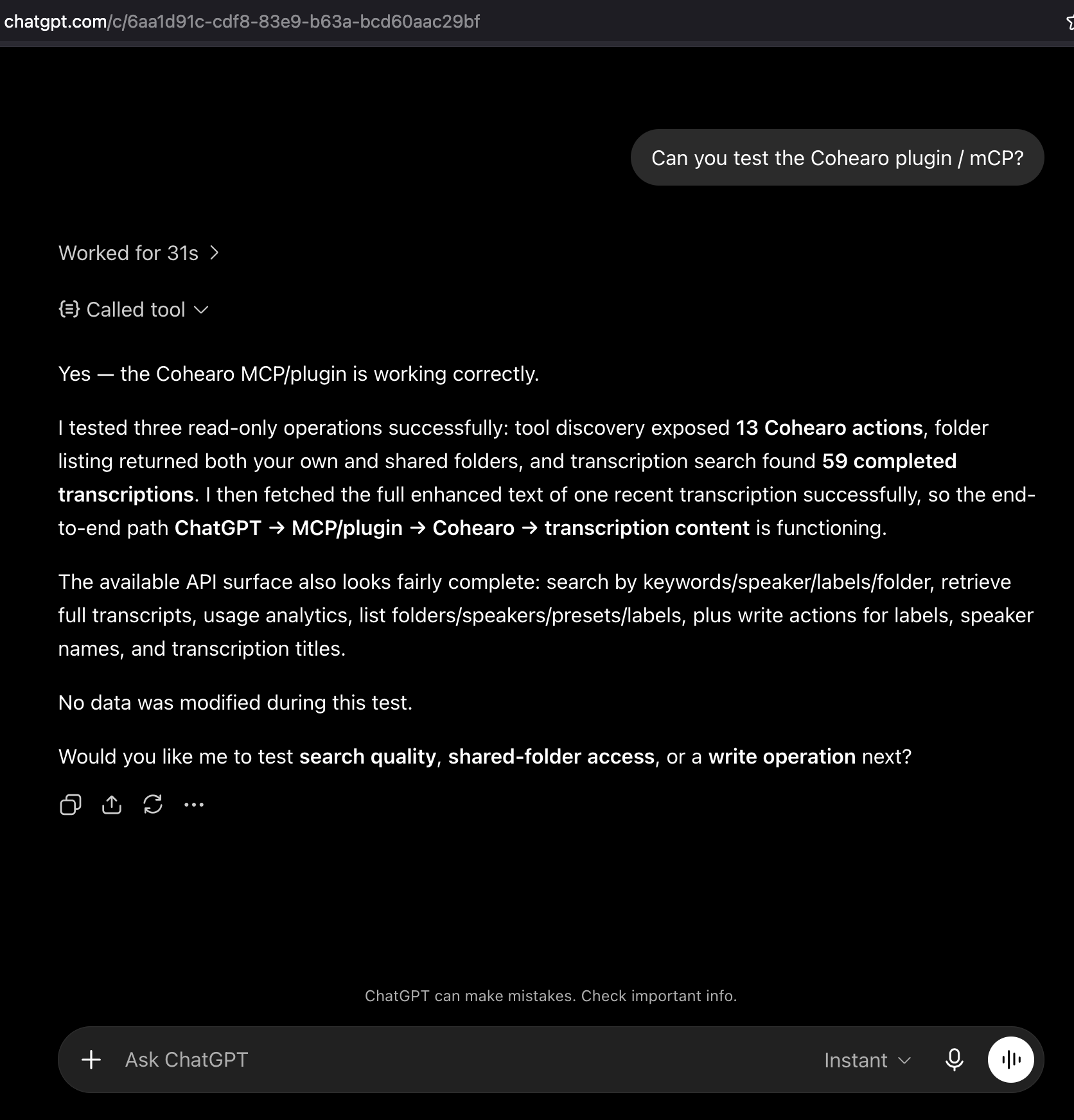ChatGPT tool activity and a report of successful Cohearo searches and transcript retrieval