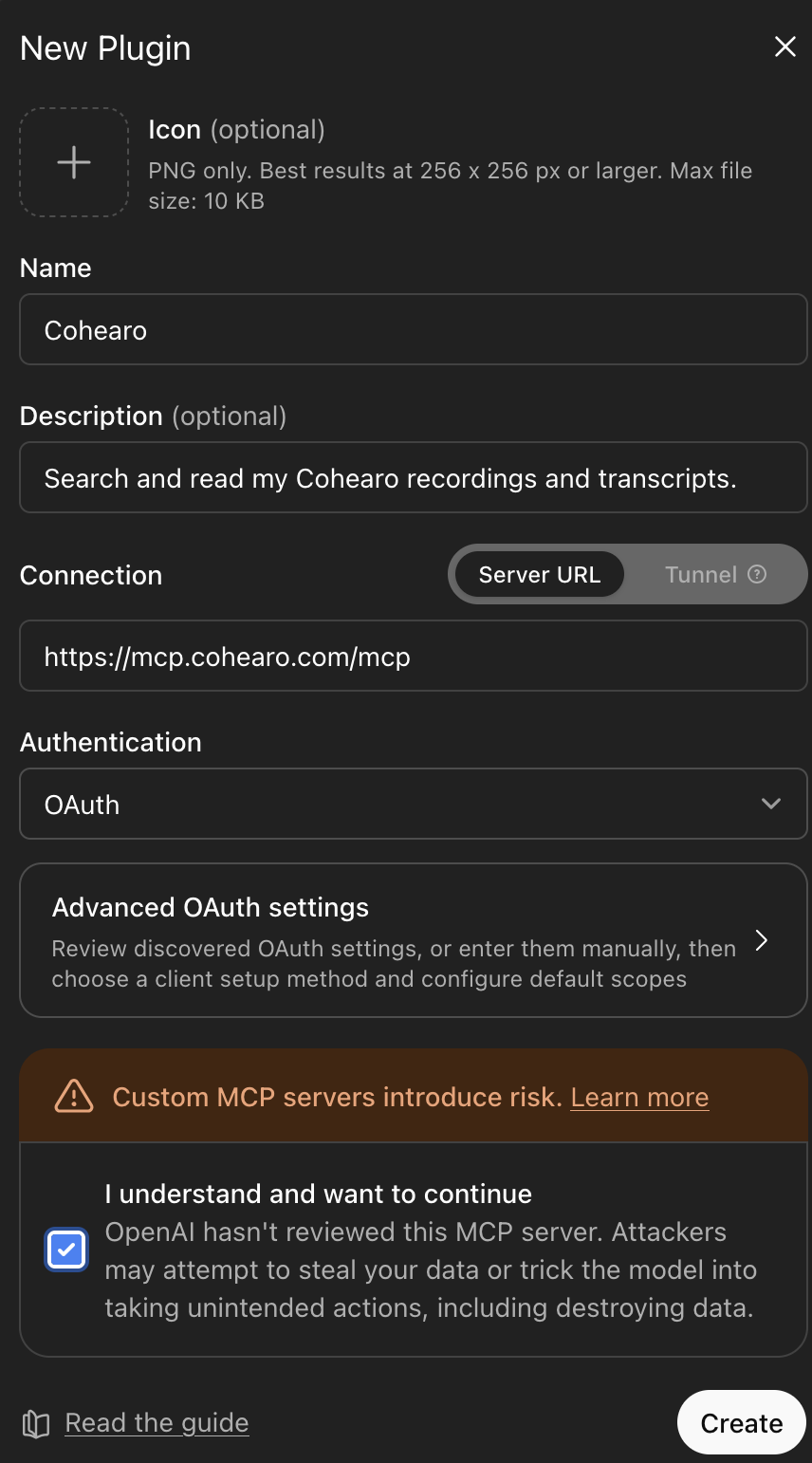 New Plugin form with Cohearo’s URL, OAuth, and the acknowledgement checked