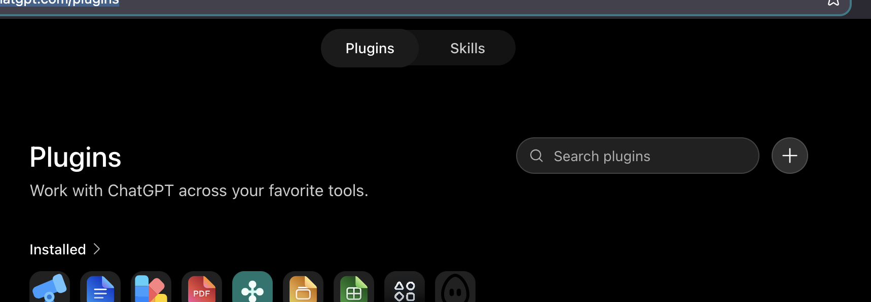 ChatGPT Plugins page with a plus button beside Search plugins