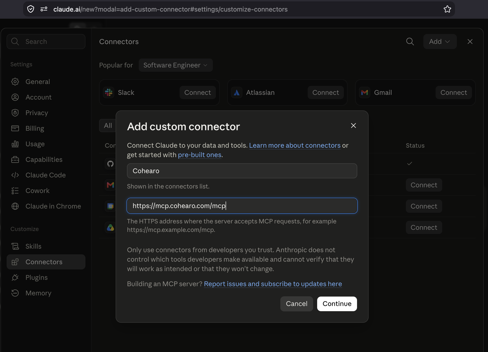 Formulário com o nome Cohearo e a URL do servidor MCP