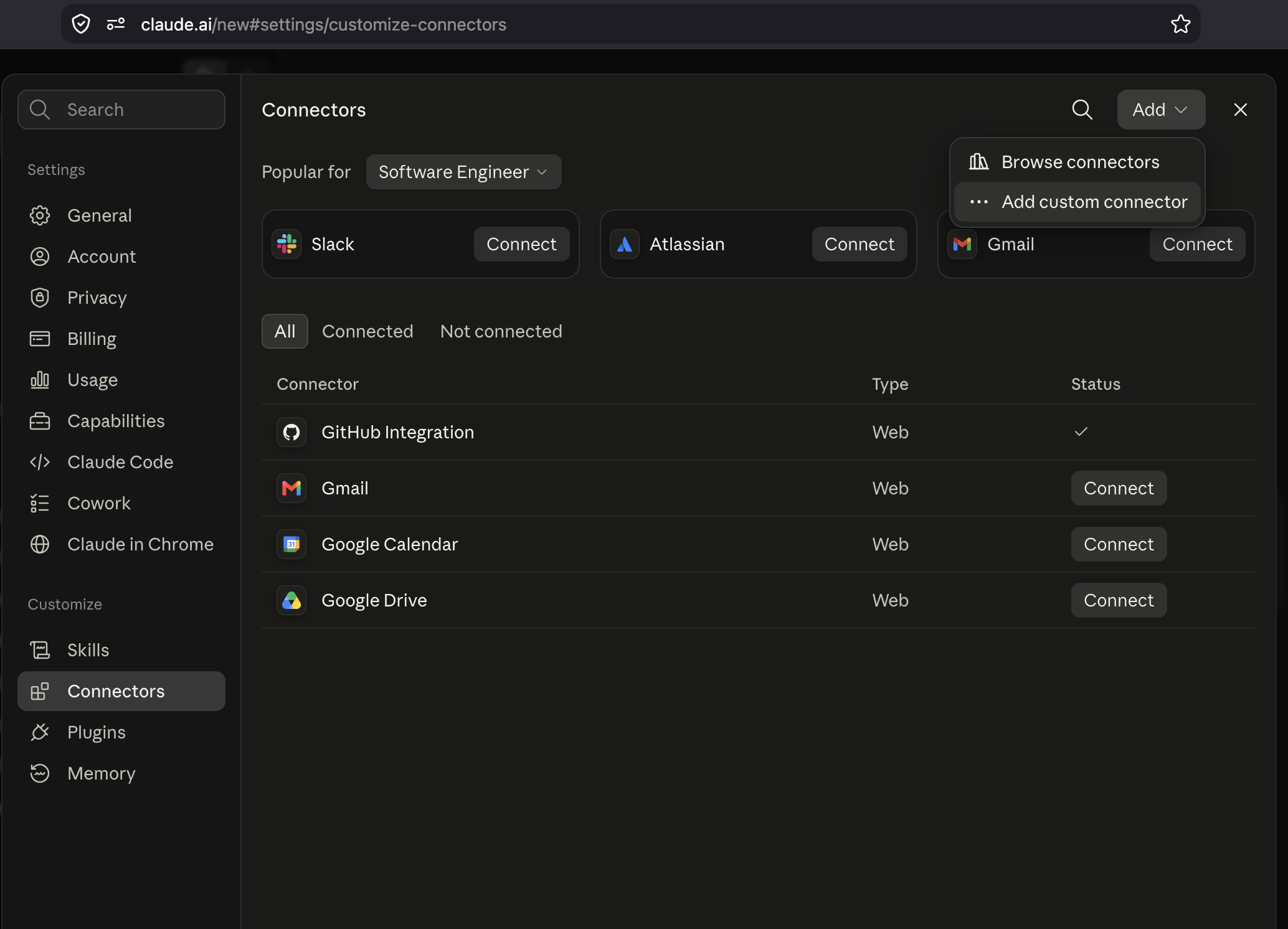 Menu Add no Claude com a opção Add custom connector