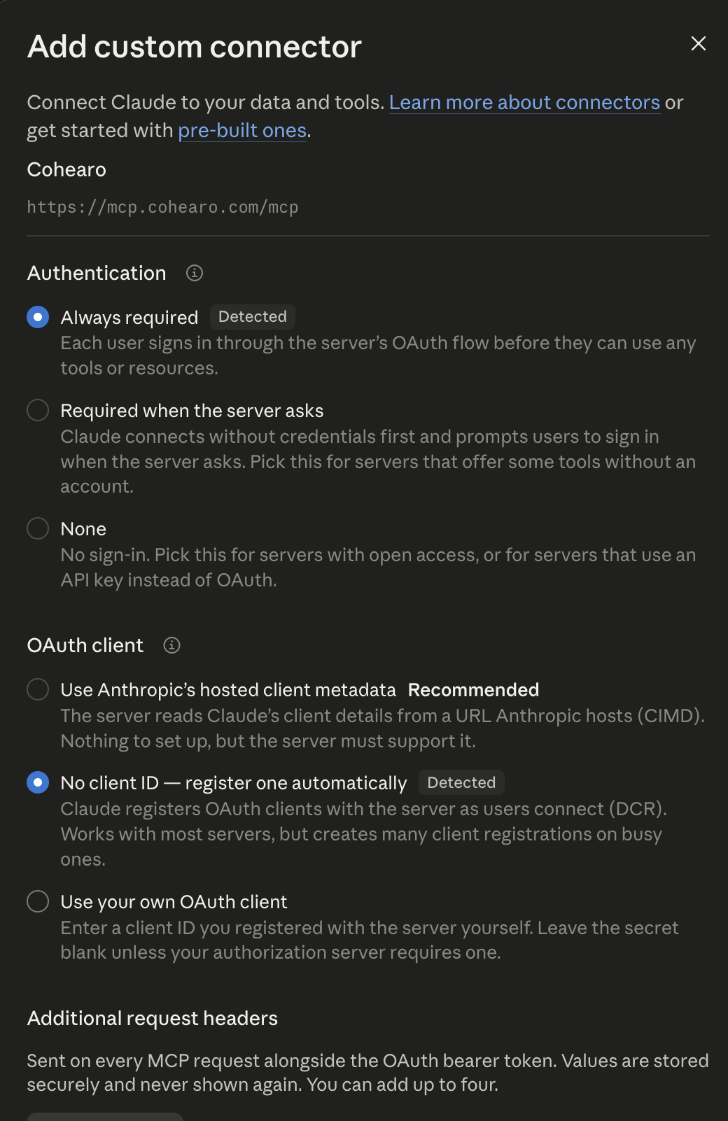 Claude detectou autenticação obrigatória e registro automático de cliente OAuth