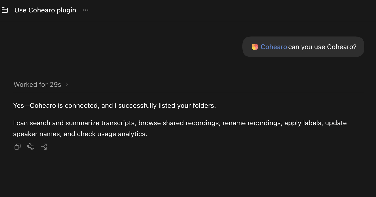 New Codex task with the Cohearo plugin mentioned and a successful folder-listing report