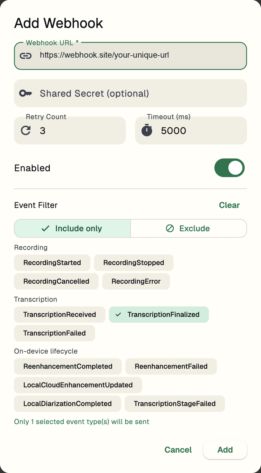 Select TranscriptionFinalized to receive the transcript after processing.
