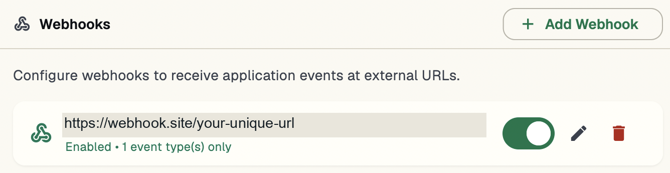 The saved, enabled webhook with one event type selected.