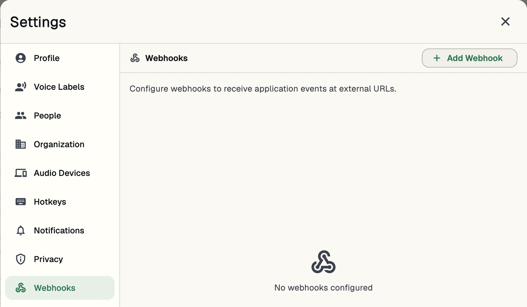 The Webhooks tab in the app’s settings.