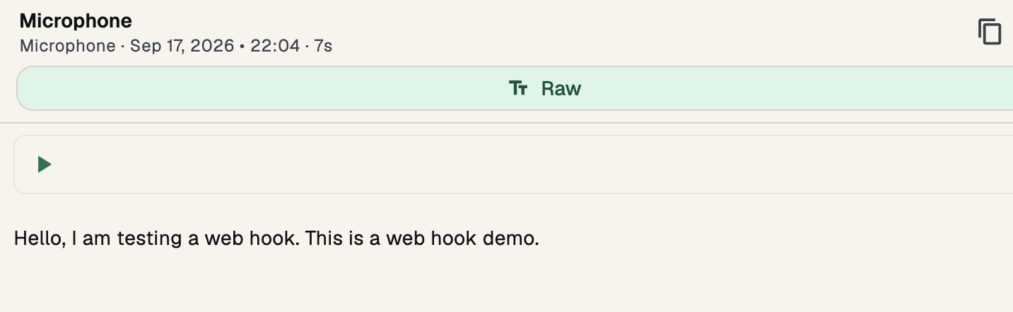 The sample transcript sent to the webhook.
