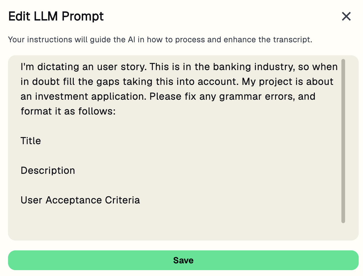 Edit LLM Prompt dialog with an example for an investment application, requesting a title, description, and user acceptance criteria.